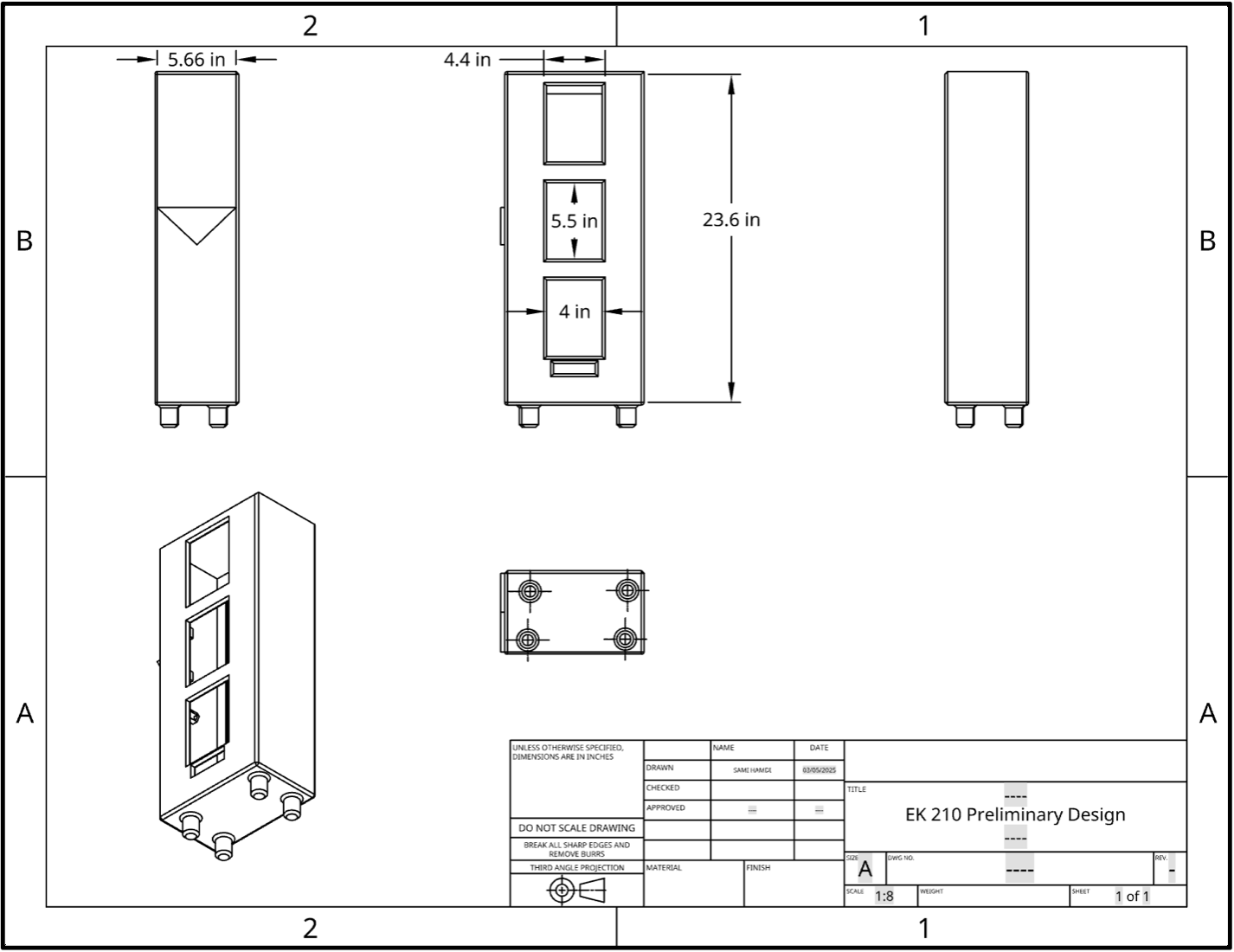 CAD drawing of the housing with dimensions and an isometric view