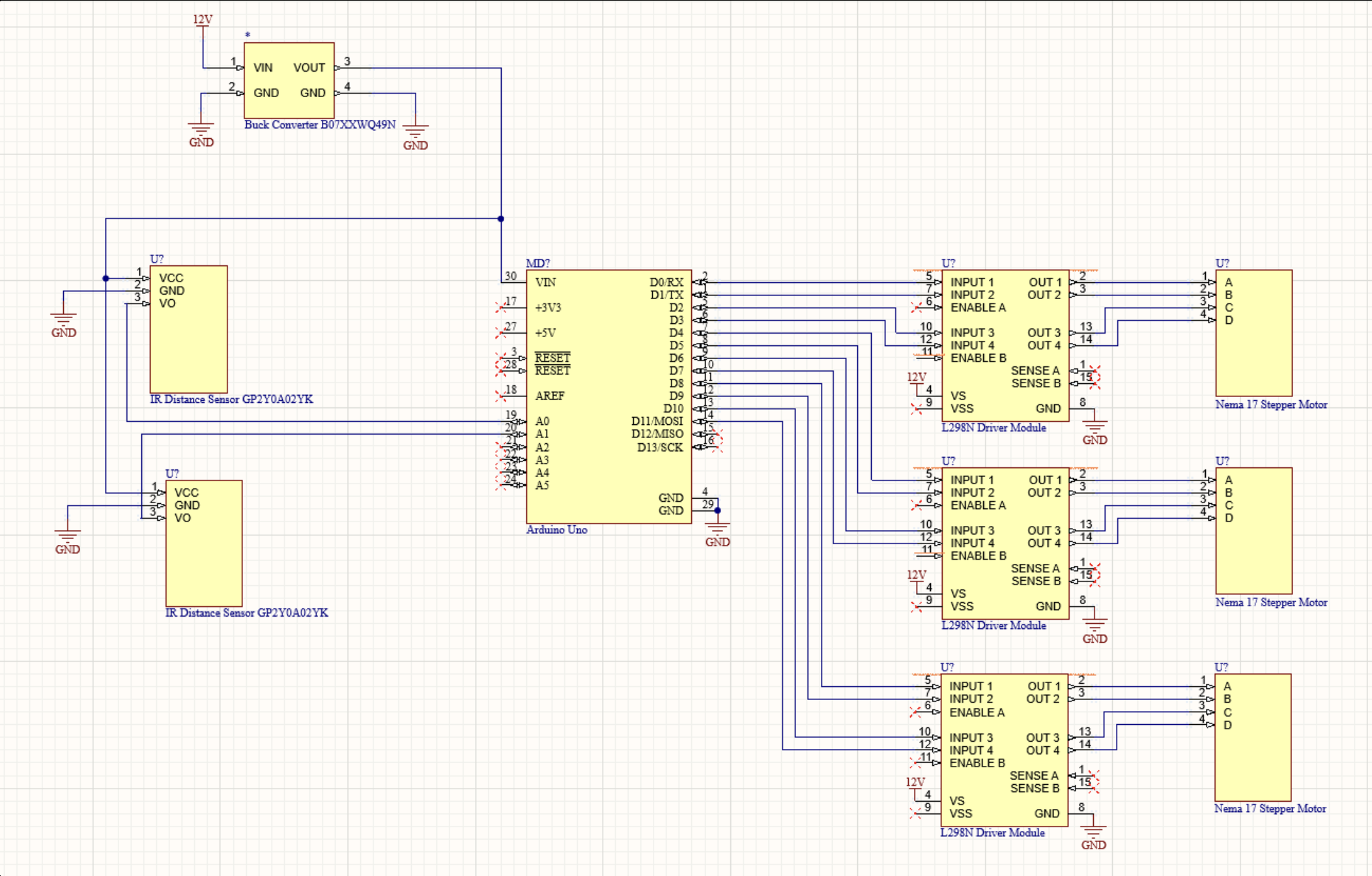 Circuit diagram: buck converter, Arduino Uno, two IR distance sensors, three L298N drivers and three NEMA 17 steppers