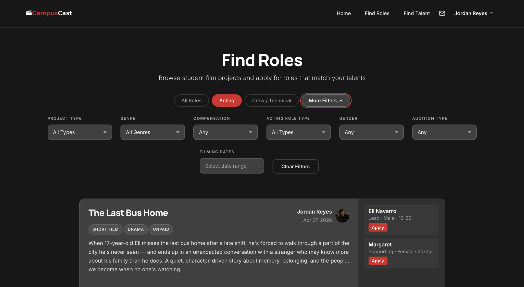 Find Roles listing page with filters
