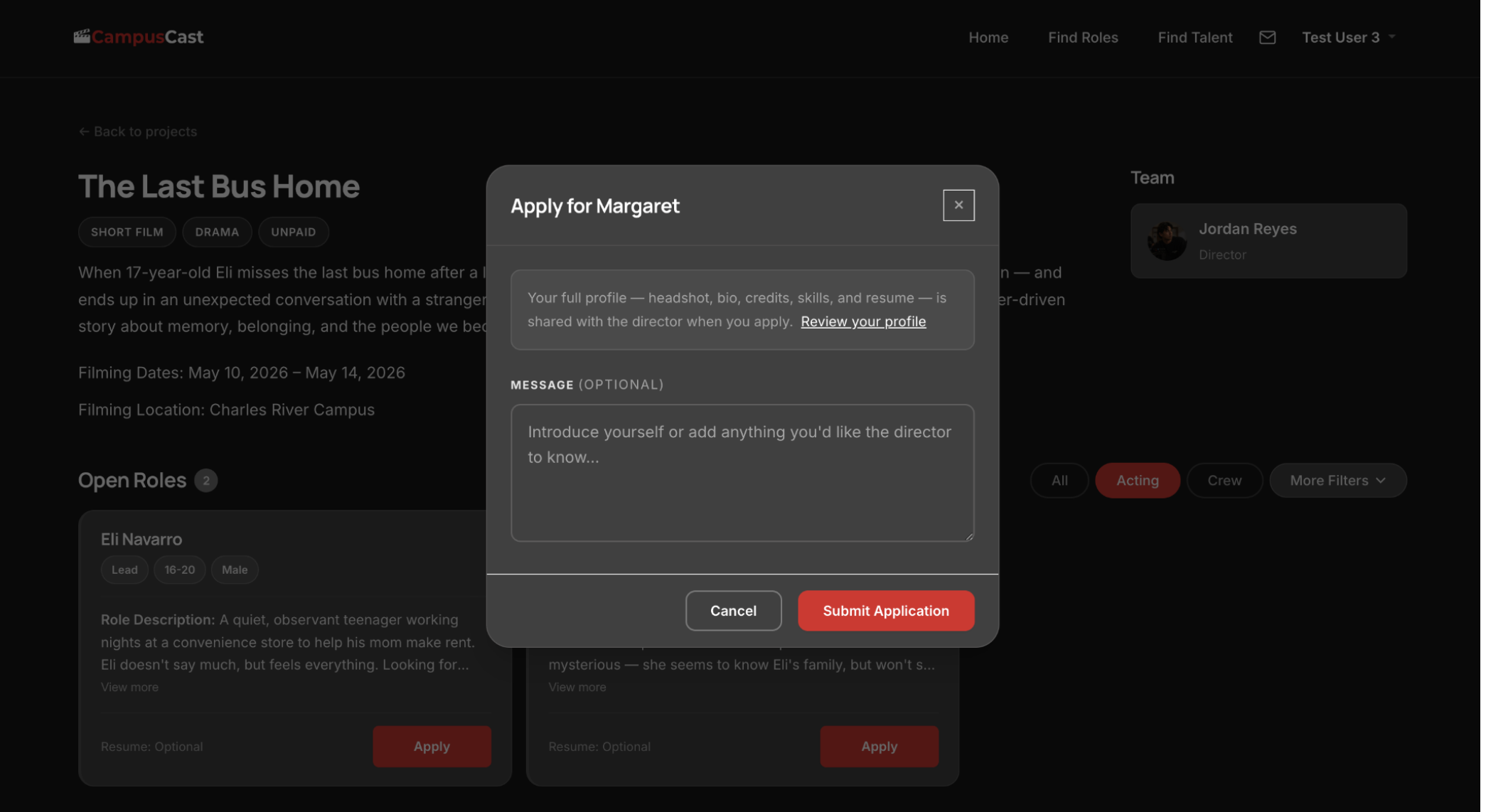Role application modal on a project page