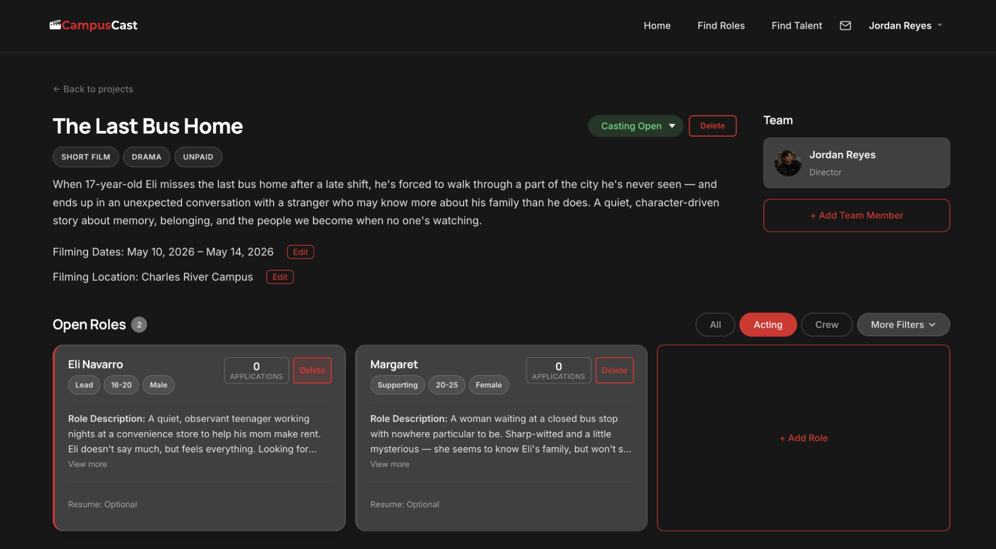 Director's project page with open roles and team management