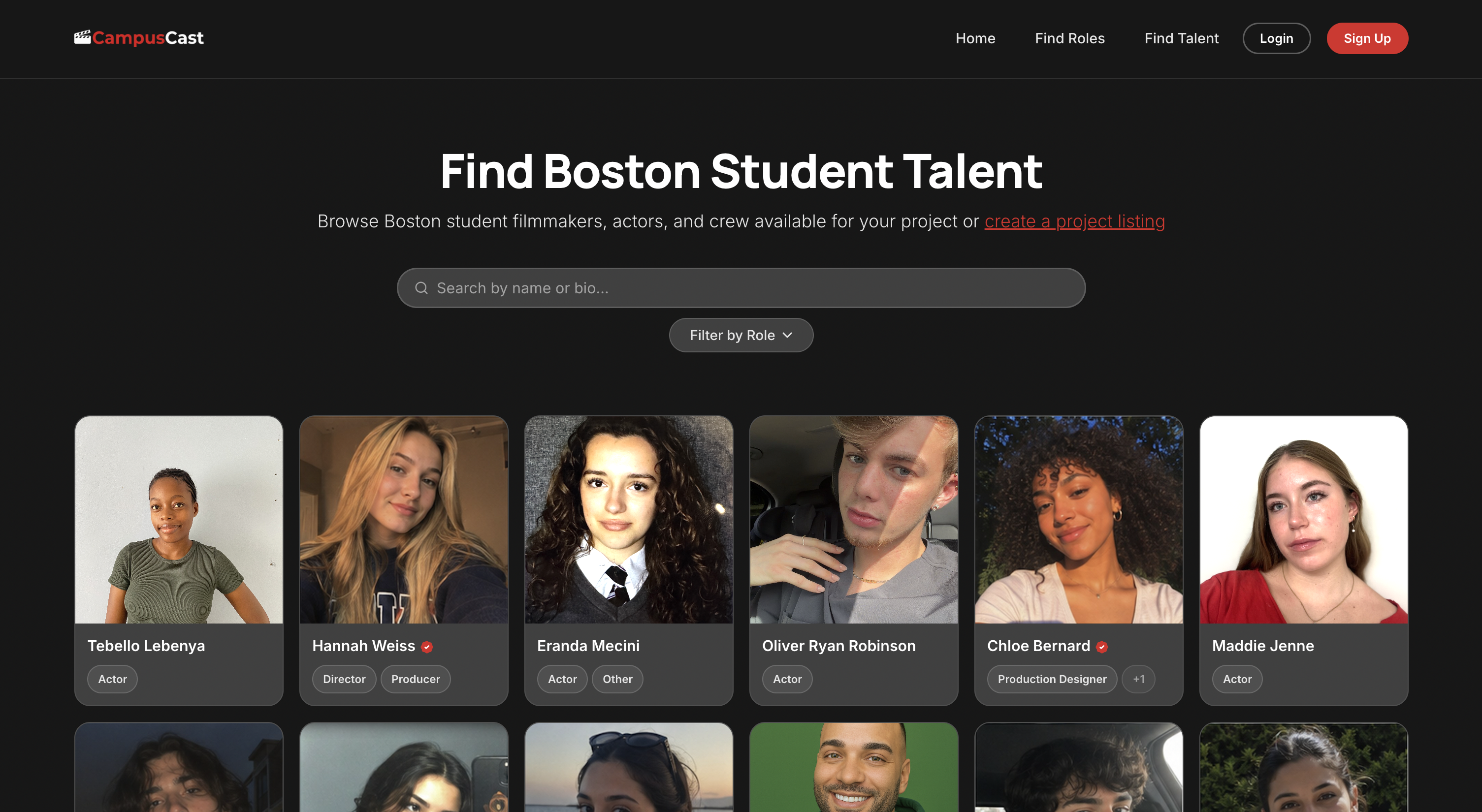 Find Talent directory with search and role filters
