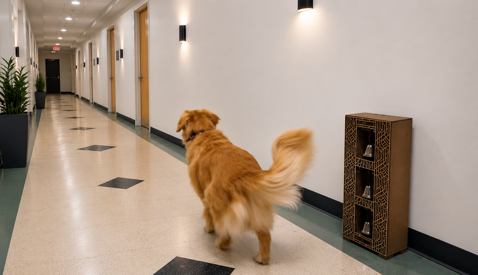 The passage bell installed against a corridor wall as a dog passes it