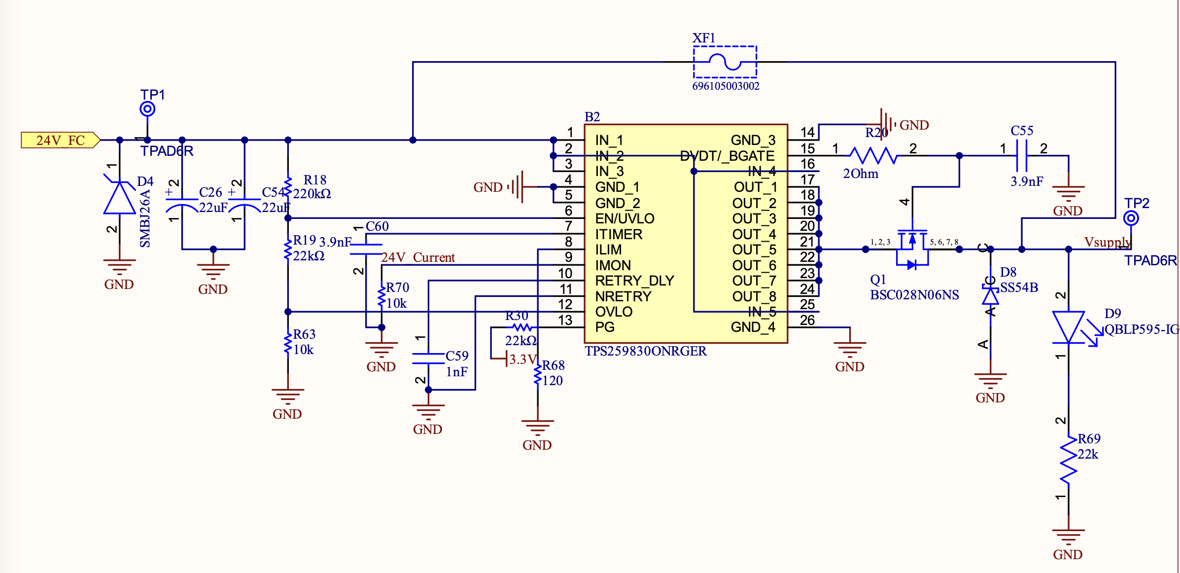 24V rail protection, TPS259830ONRGER eFuse with SMBJ26A TVS, fuse, and external FET