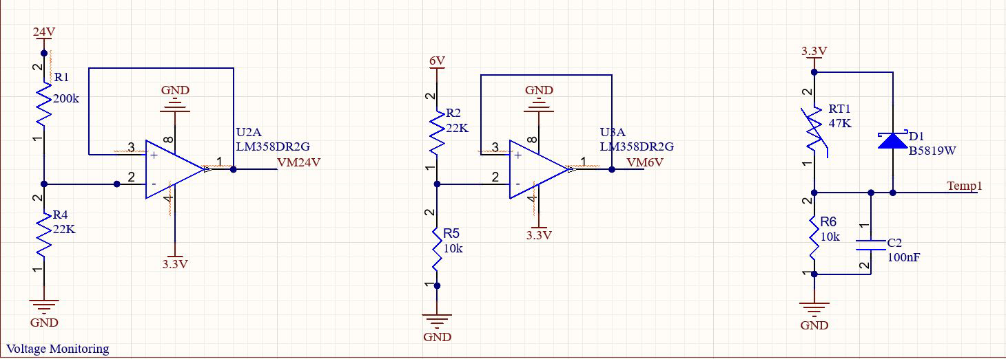 Voltage monitoring op-amp buffers on 24V and 6V, plus 47k NTC thermistor