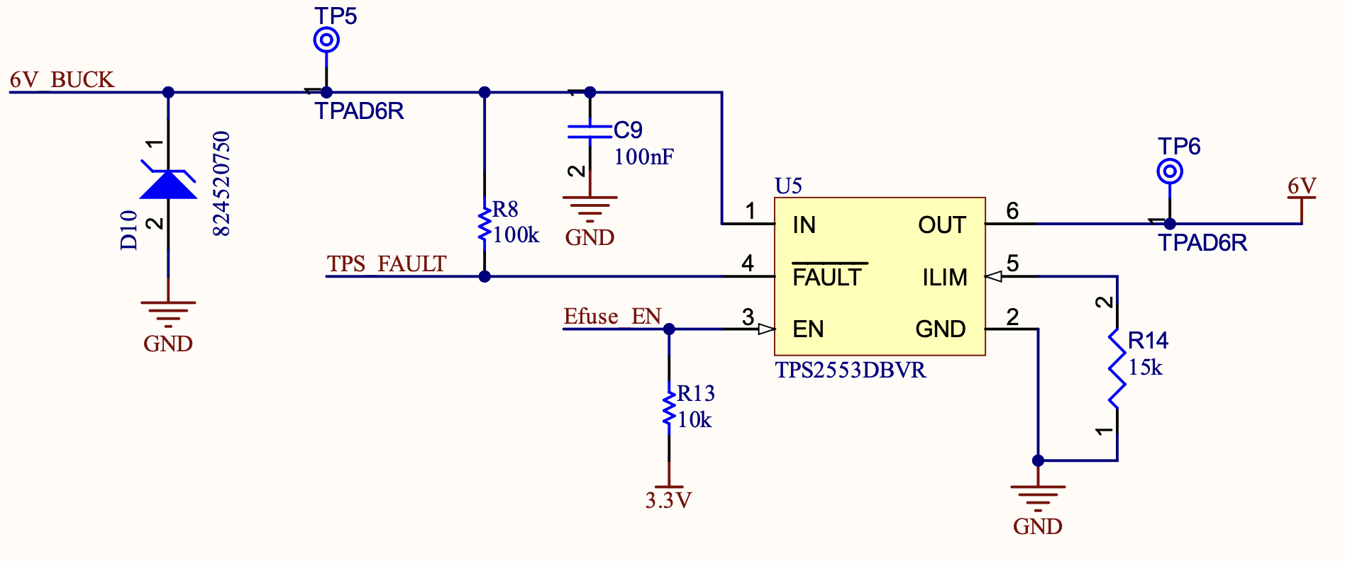 6V rail protection, TPS2553DBVR with SM6T7V5A TVS diode
