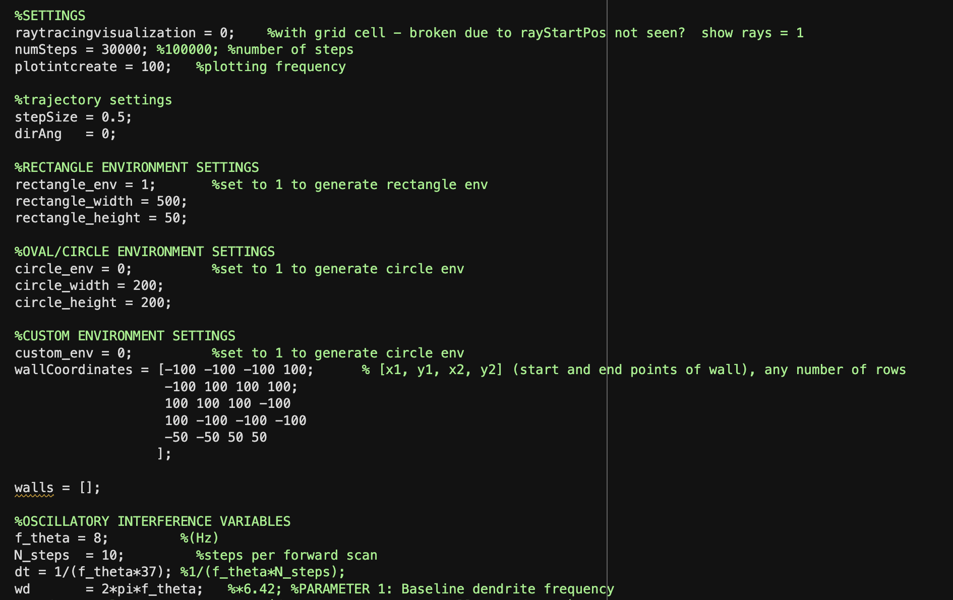 Settings block at the top of the ray tracing script: trajectory, rectangle, circle, and custom environment parameters